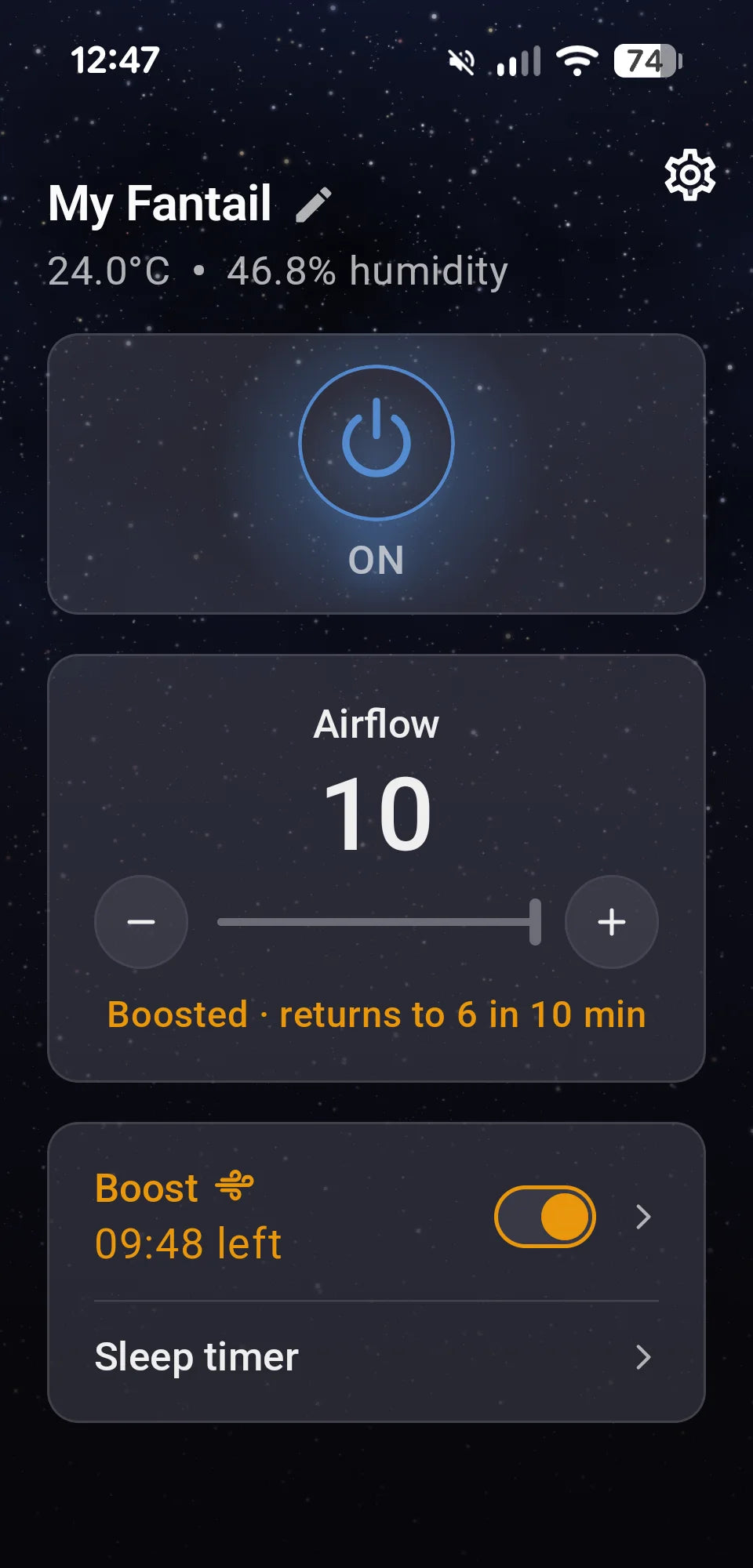 Fantail app screen with Boost active, airflow at 10, returning to 6 in 10 minutes
